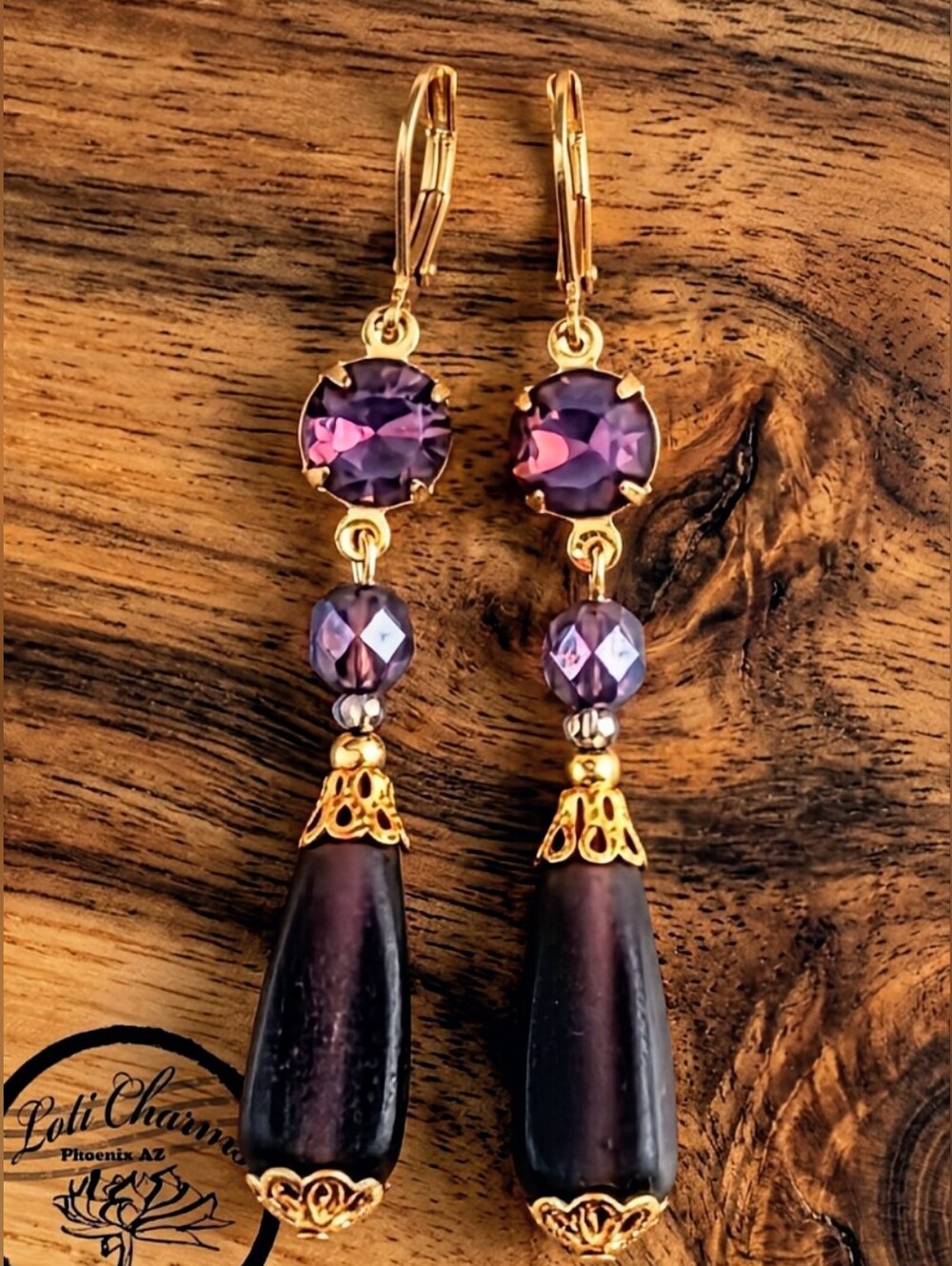 Victorian Matte Purple & Swarovski Crystal Amethyst Opal In 18K GP  Earrings